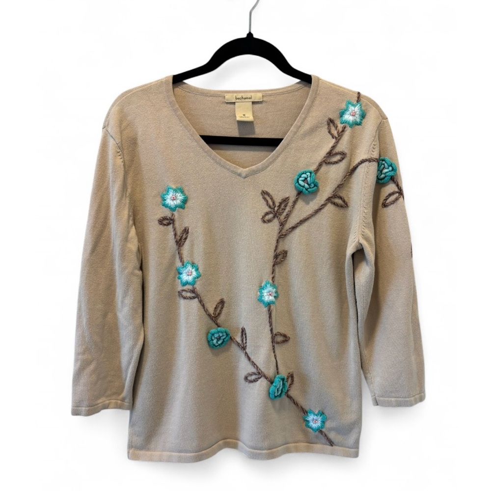 Bechamel Beige Cream 100% Cotton Knit Sweater w/ Floral Crochet and Embroidery